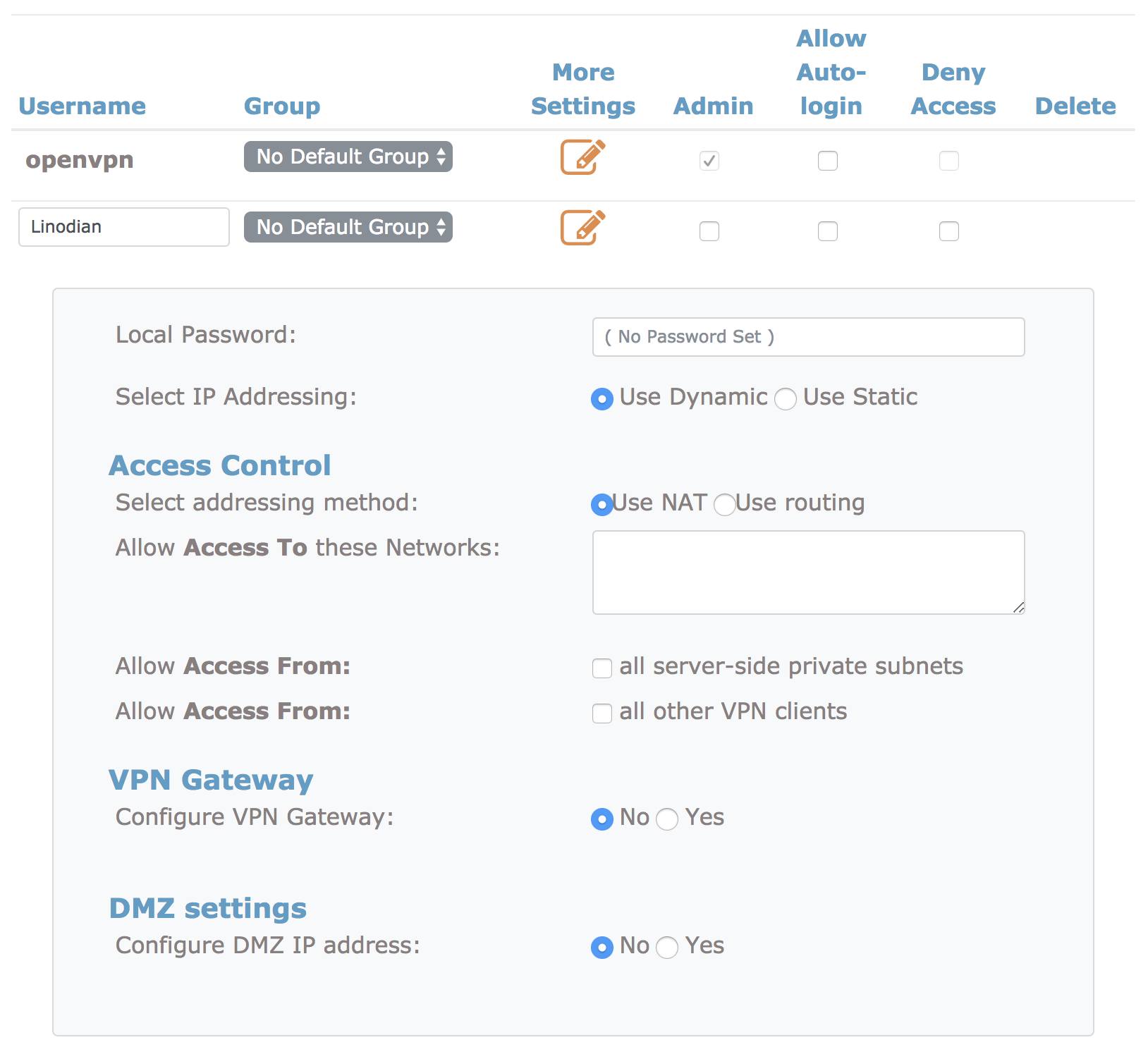 OpenVPN Admin User Settings.