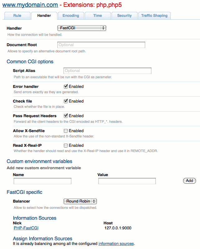 PHP-FastCGI handler settings in Cherokee admin panel on Ubuntu 10.04 LTS