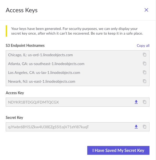 The access key and secret key displayed within Cloud Manager